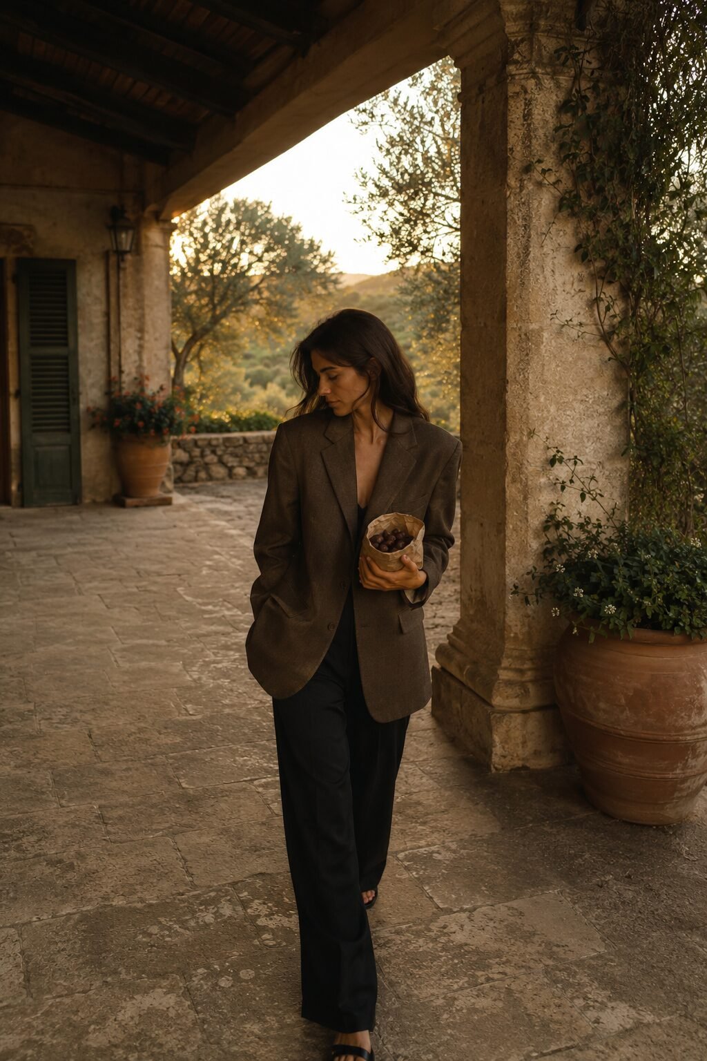 elegant Halloween outfit: oversized brown blazer over black silk wide-leg trousers