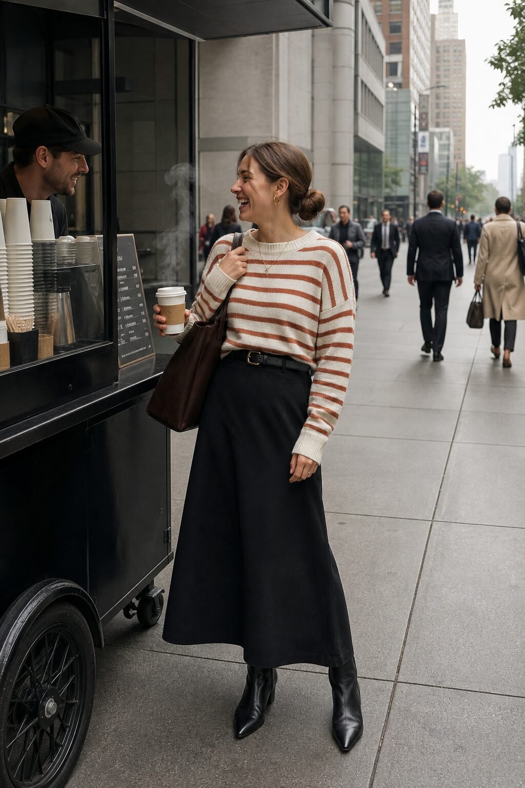 office Halloween outfit: cream and rust striped cashmere sweater tucked into a black A-line skirt