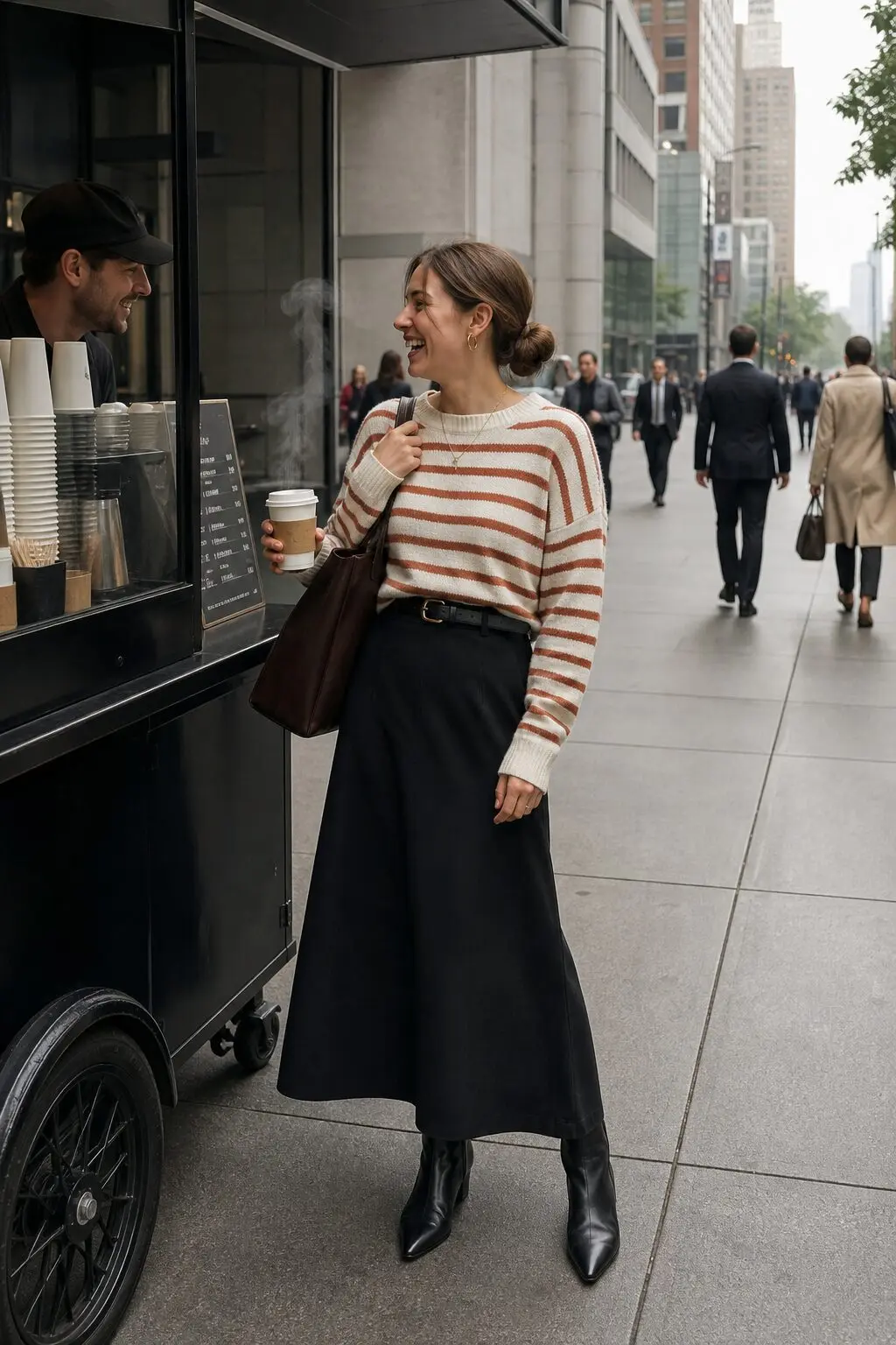 office Halloween outfit: cream and rust striped cashmere sweater tucked into a black A-line skirt