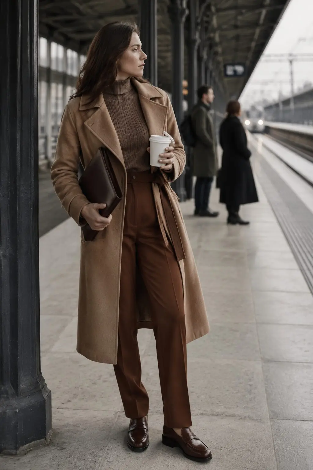 what to wear with brown loafers: camel trench coat and chocolate turtleneck monochrome outfit