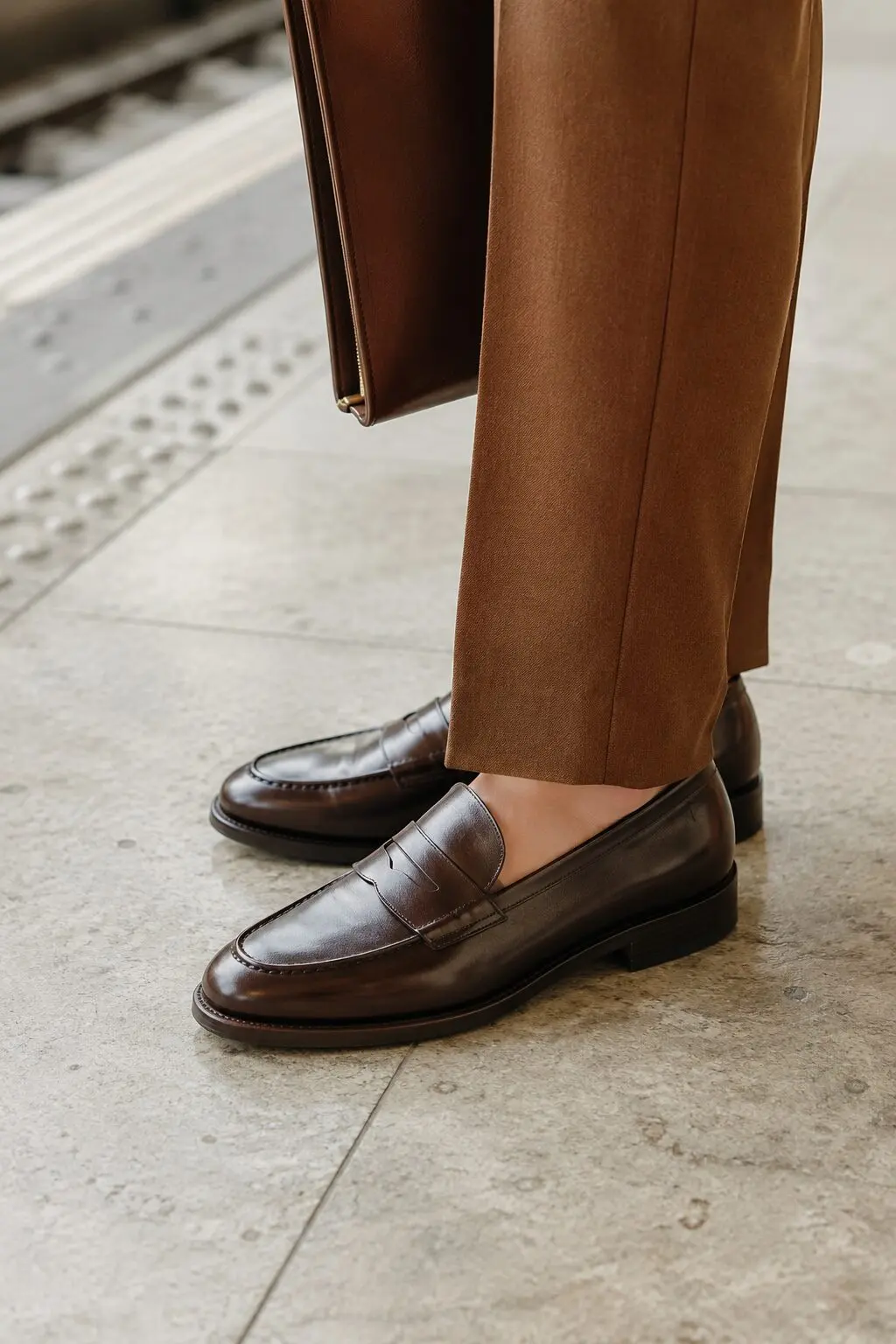 what to wear with brown loafers: camel trench coat and chocolate turtleneck monochrome outfit