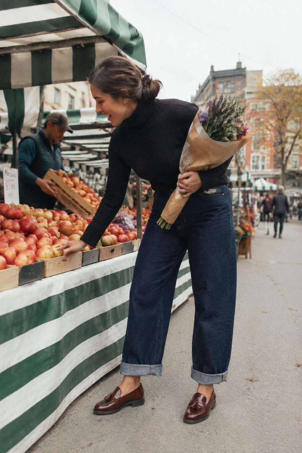 timeless style vs trendy fashion: wide-leg indigo jeans, ivory ribbed turtleneck, and burgundy leather loafers