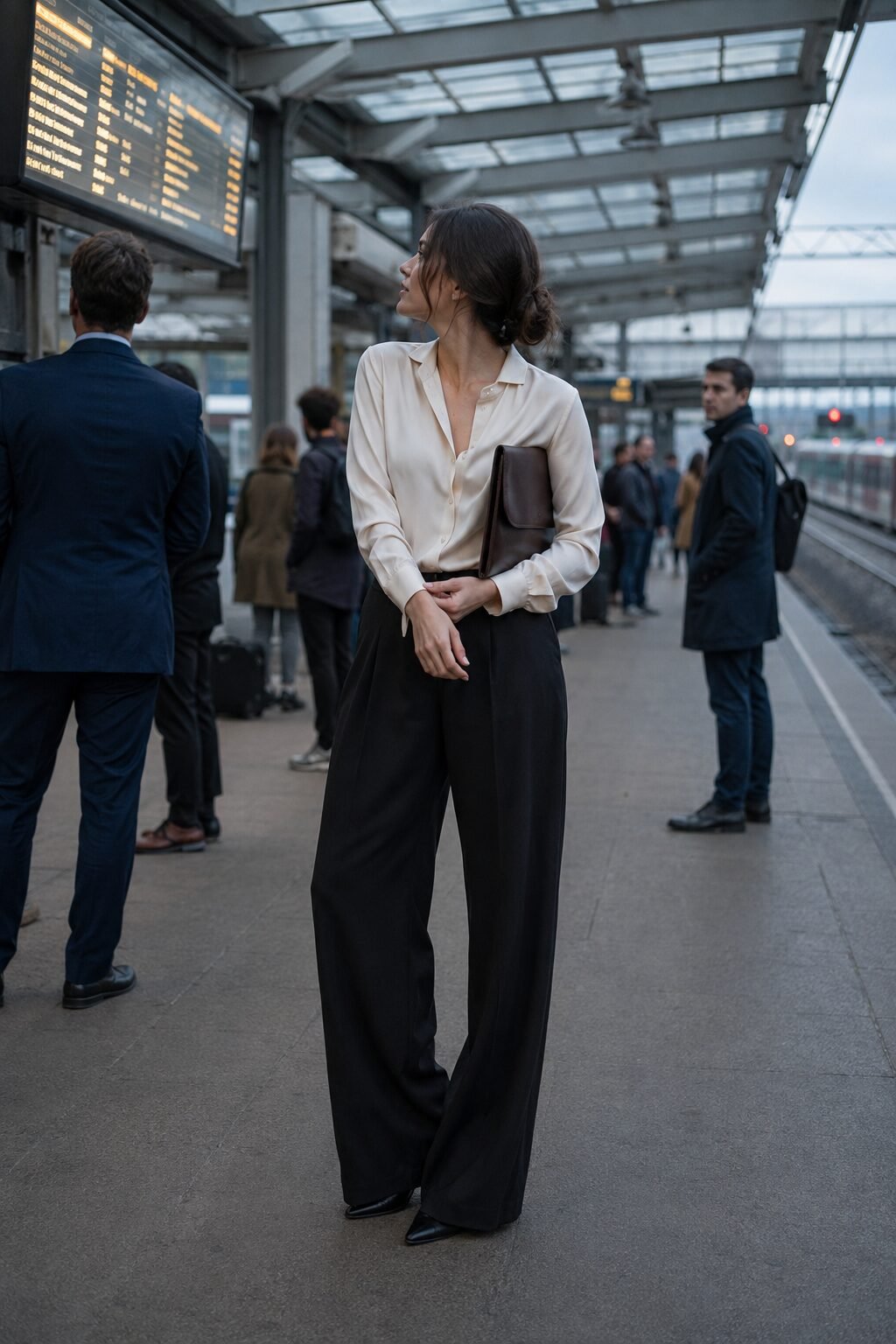 carolyn bessette kennedy style office look: ivory silk blouse tucked into black tailored trousers