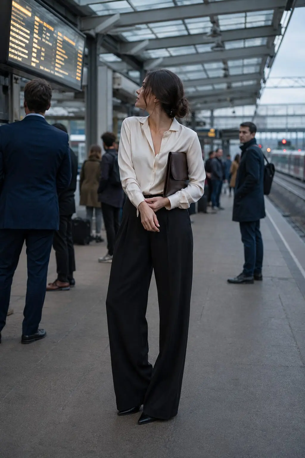 carolyn bessette kennedy style office look: ivory silk blouse tucked into black tailored trousers