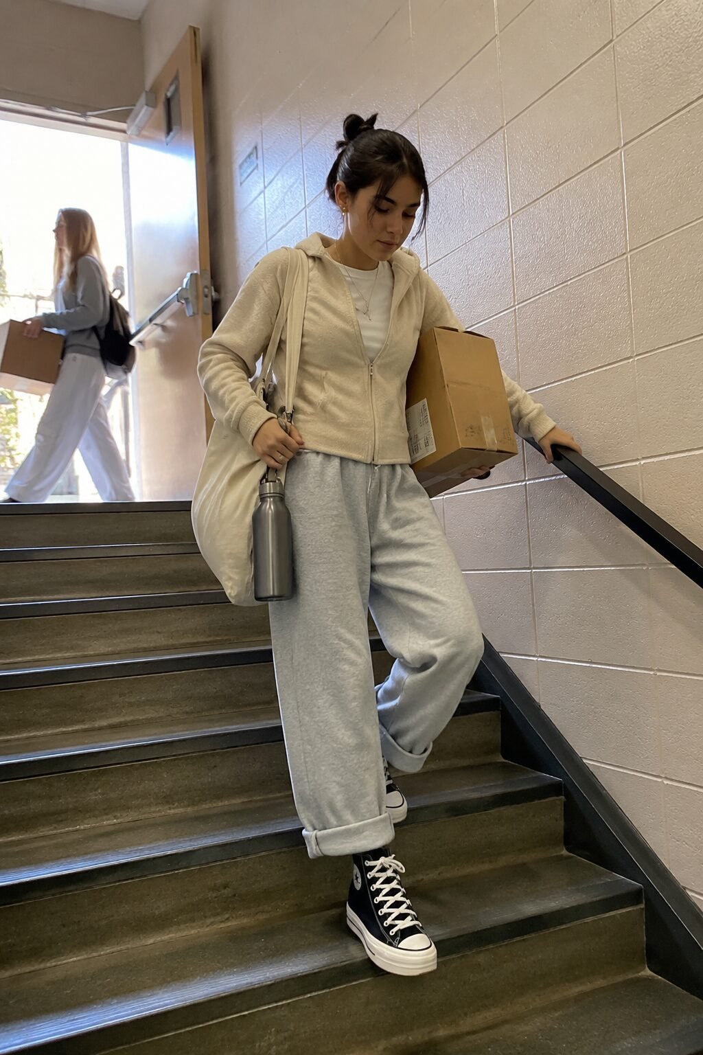 college move-in day outfit for hauling boxes: sage wide-leg sweatpants, cream cropped hoodie, and platform high-top sneakers
