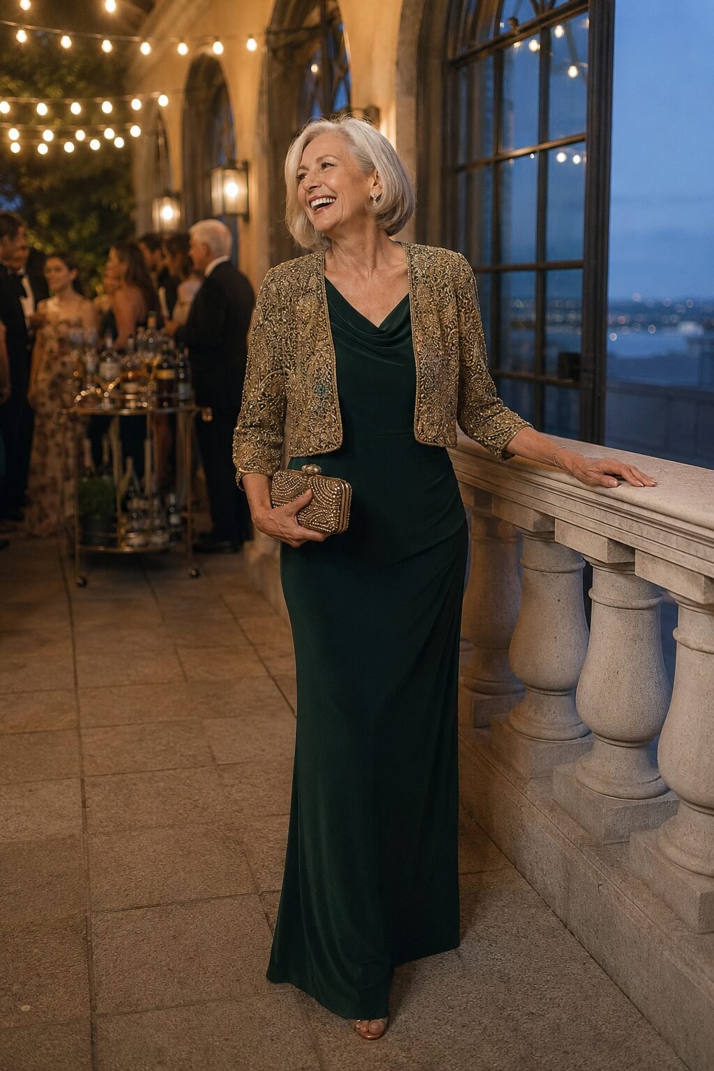 deep emerald column gown with antique gold beaded evening jacket, elegant grandmother of the bride outfit for a black-tie reception