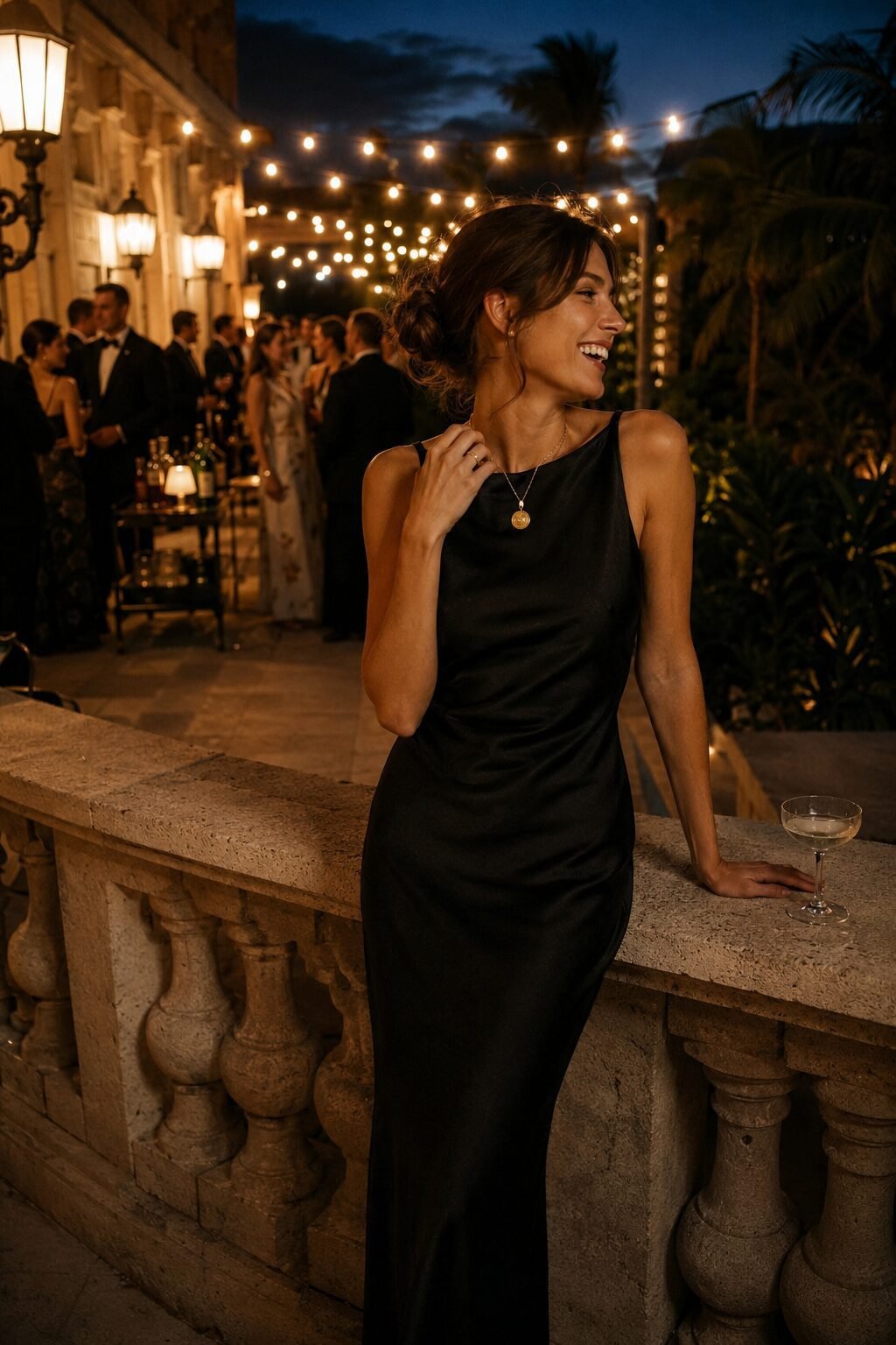 old money wedding guest dress: black silk column gown with a gold pendant necklace for a black-tie wedding reception