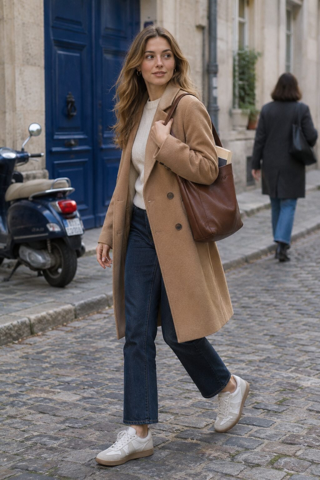 Woman styling a cream sweater outfit under a camel double-breasted wool coat on a cobblestone street