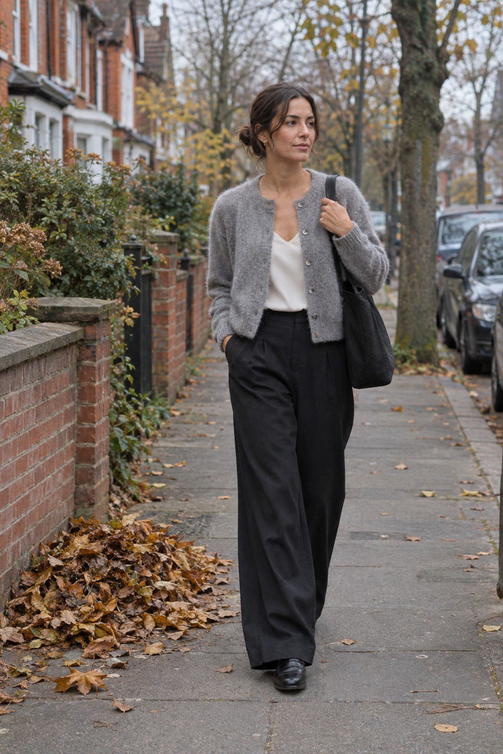 fall layering outfit: grey alpaca cardigan over an ivory silk cami with black wide-leg trousers