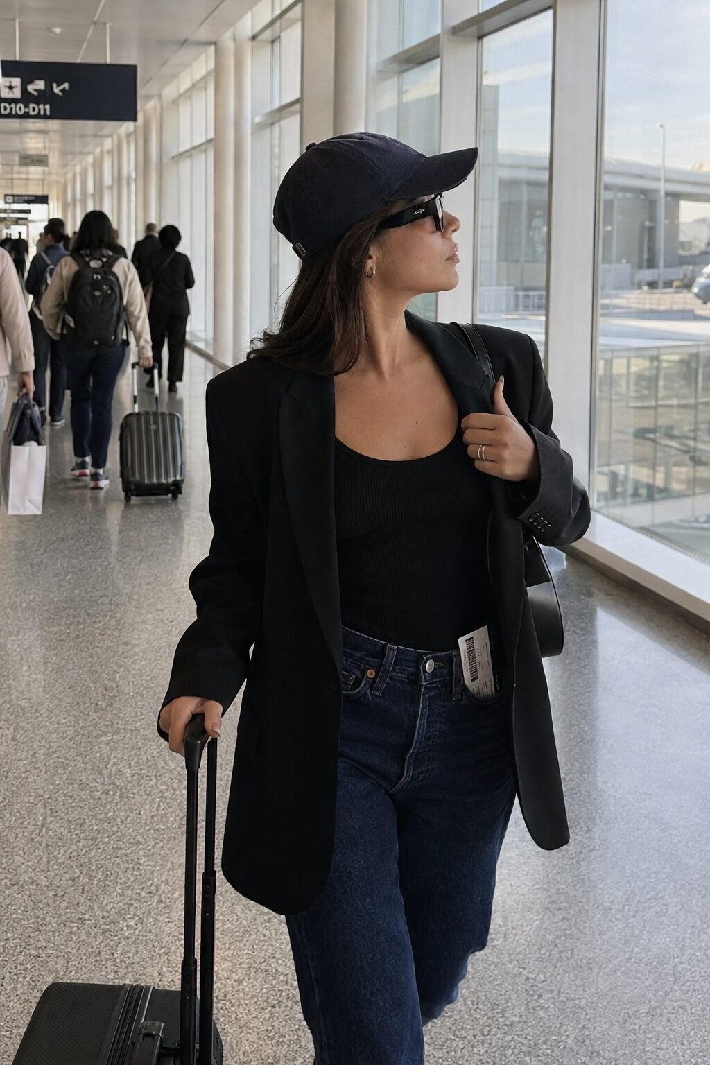 carolyn bessette style outfit: oversized black blazer, ribbed black tank, and straight-leg indigo jeans styled for travel