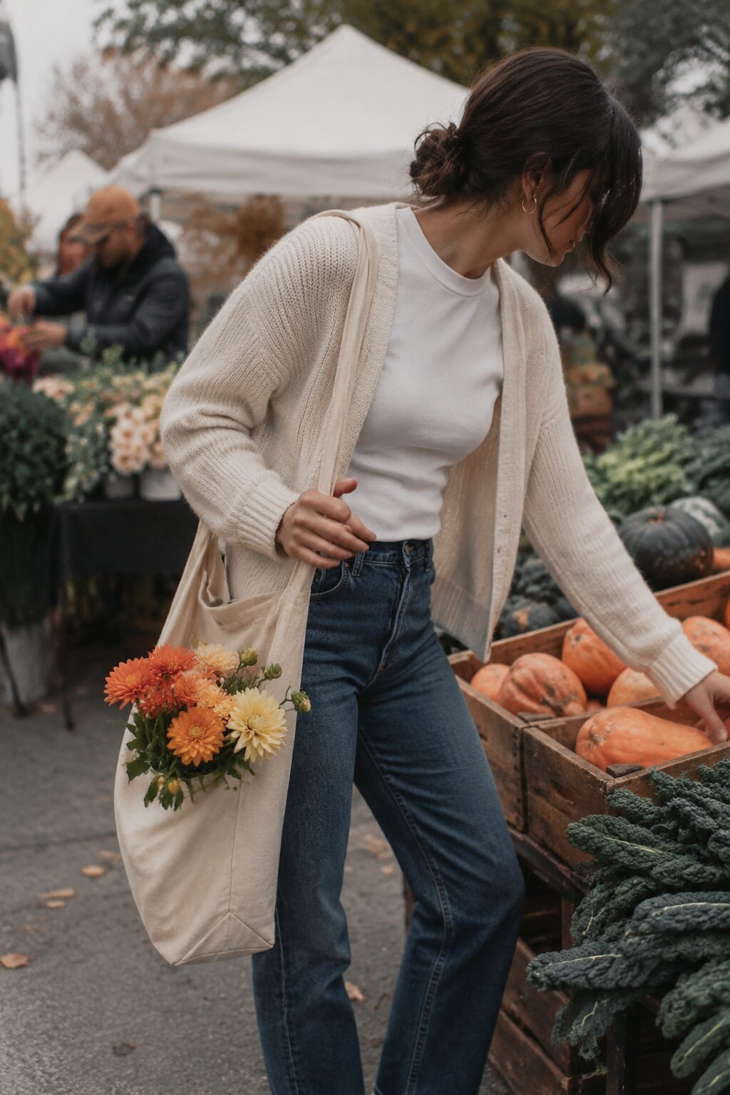 how to style a cardigan with straight-leg jeans: oatmeal cardigan and indigo straight-leg denim for a fall weekend