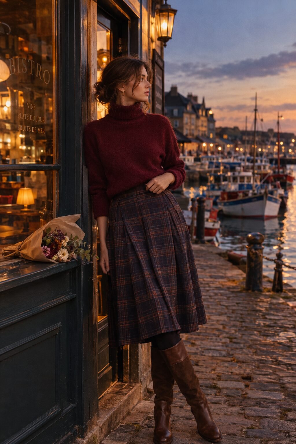 cozy fall dinner outfit: burgundy cashmere turtleneck with pleated plaid midi skirt and tall pecan suede boots