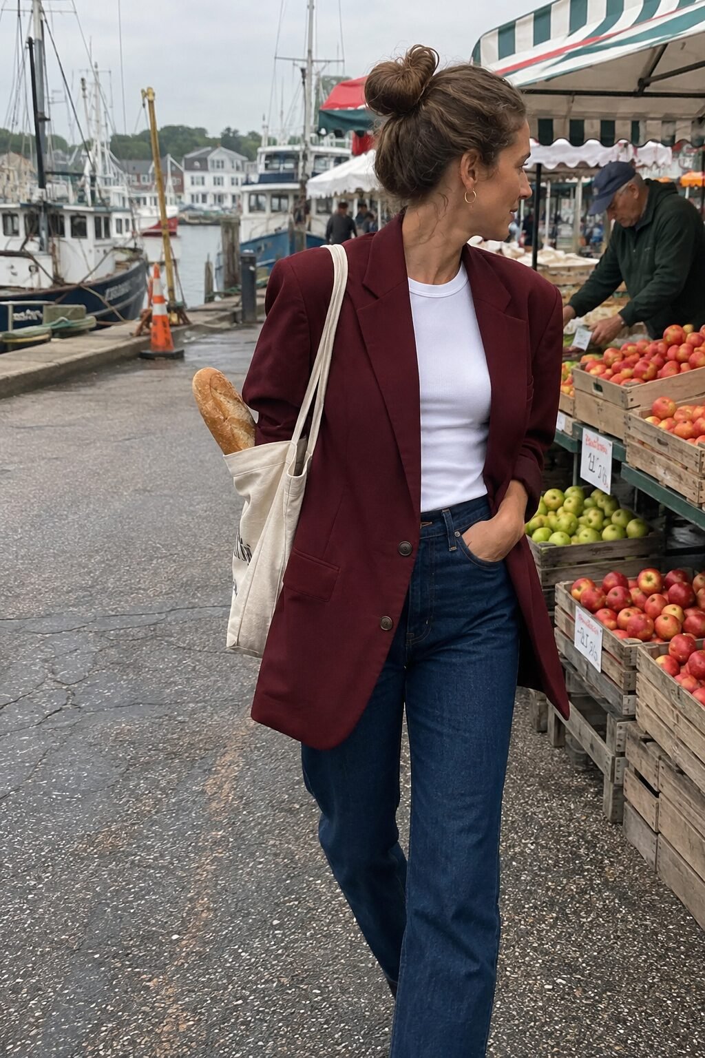 burgundy blazer outfit for fall weekends, oversized jacket over straight-leg denim and a white tee
