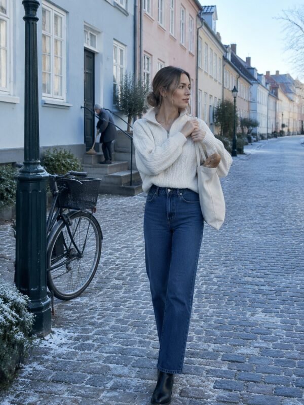 European fall outfit: cream cable knit + straight indigo jeans + black ankle boots