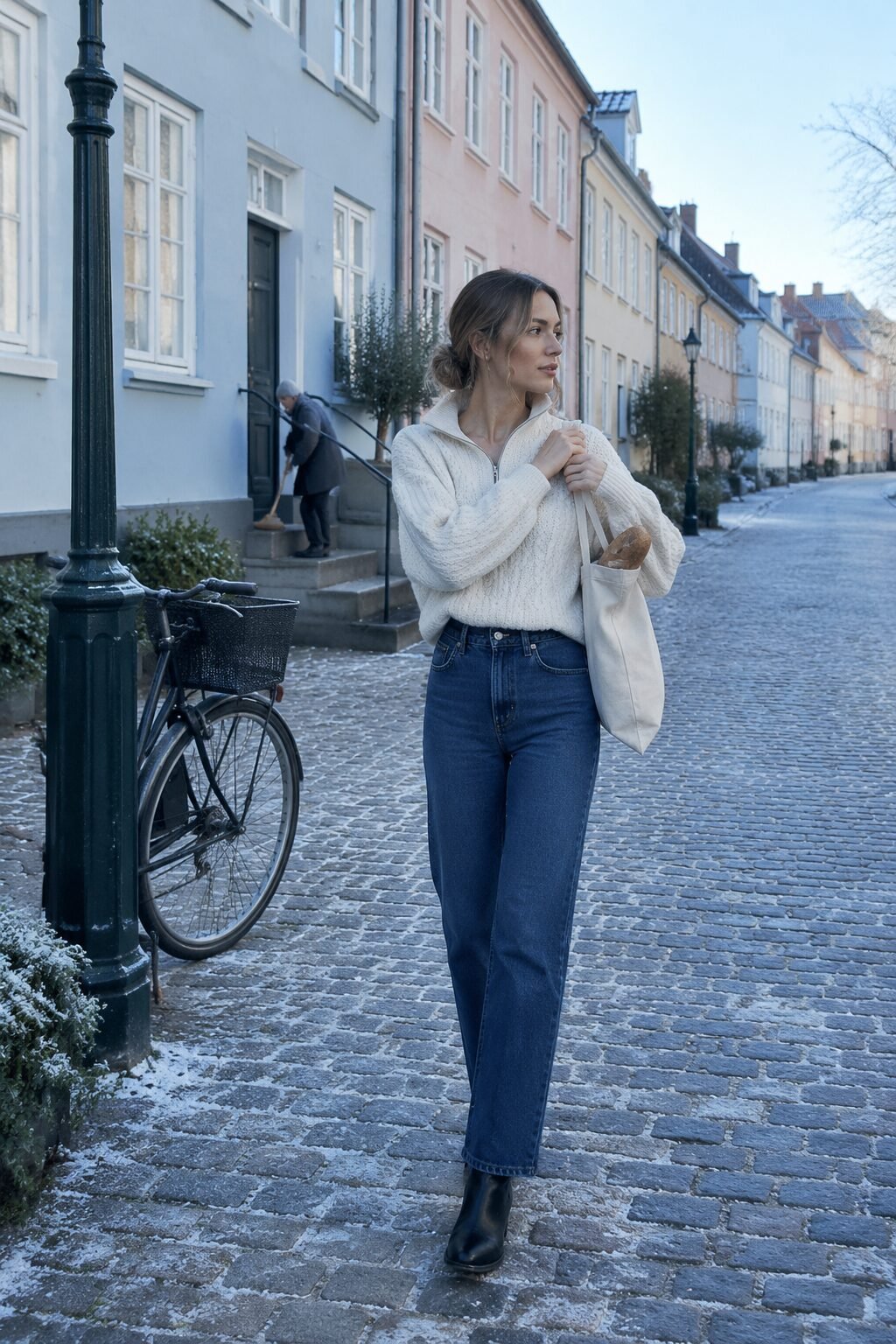 european fall outfit idea: oatmeal cable knit sweater tucked into straight indigo denim with black boots