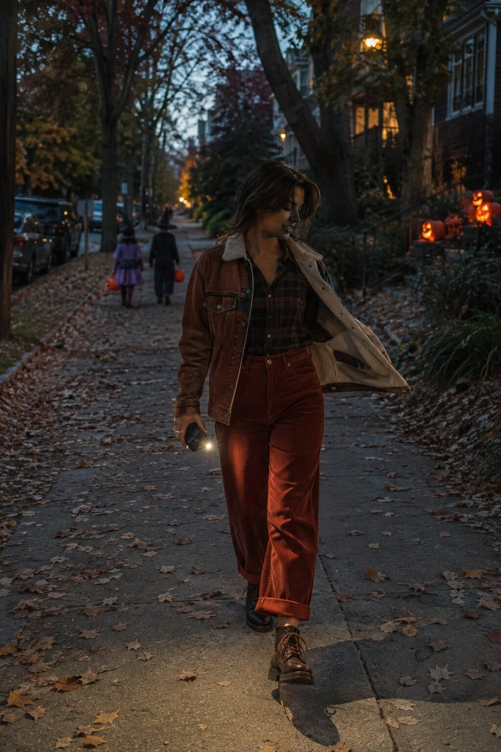 rust and chocolate brown shearling-lined denim jacket over a flannel shirt and wide-leg corduroy, halloween outfit for moms trick-or-treating with older kids