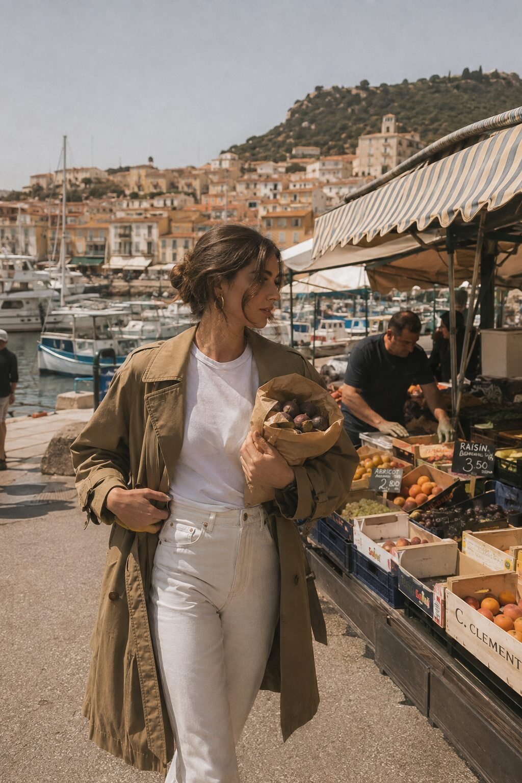 classy fall outfit: khaki trench coat over white tee and straight-leg jeans