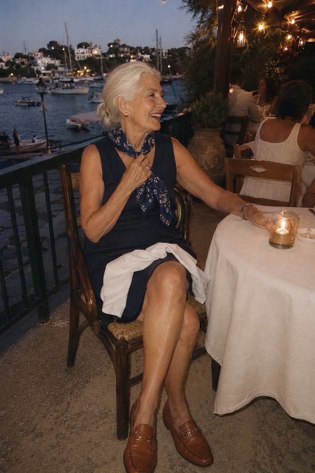 elegant travel outfits over 70: navy dress styled for dinner with an indigo silk bandana and cognac loafers