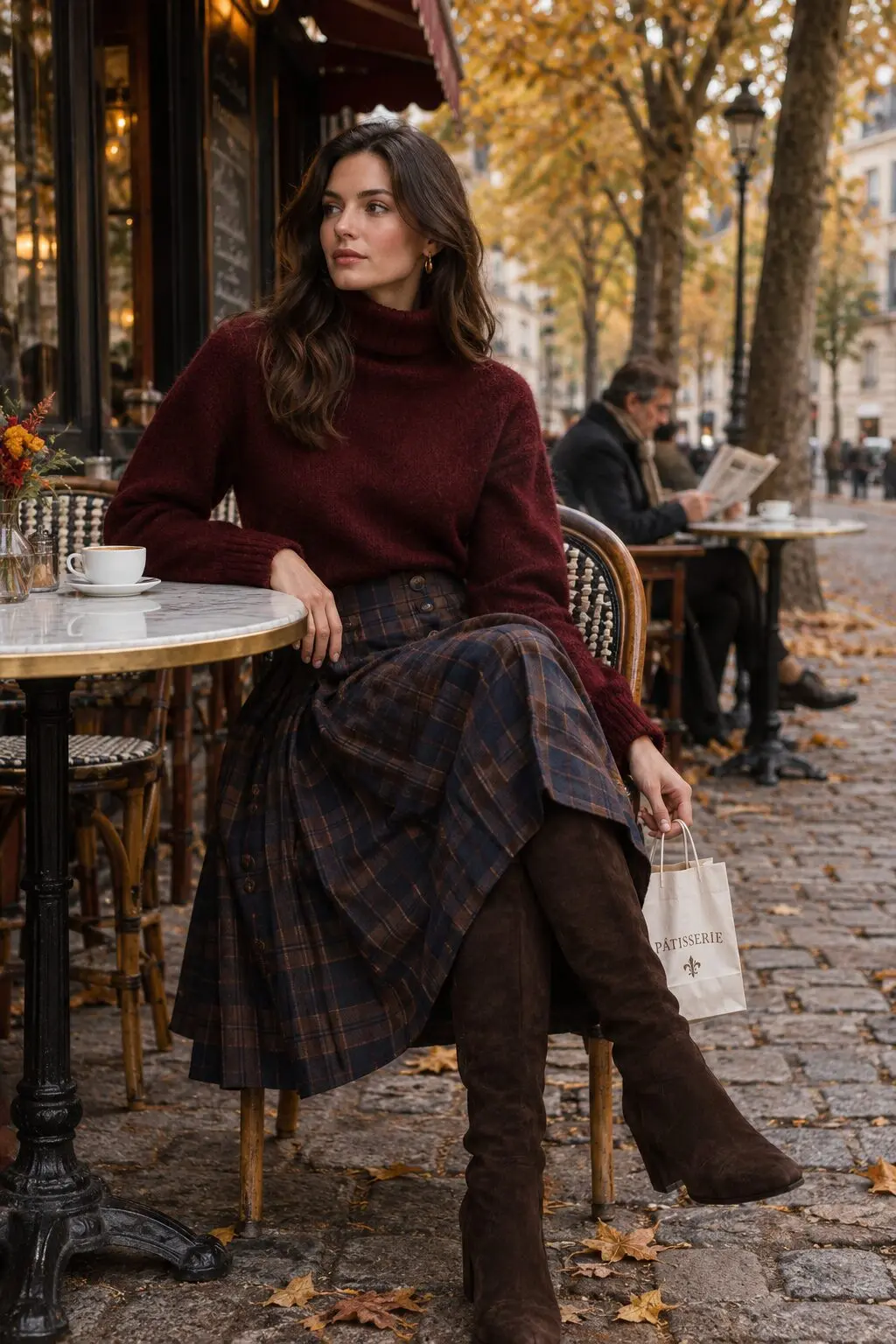 parisian chic fall outfit: burgundy cashmere turtleneck sweater with a brown plaid pleated midi skirt and knee-high boots