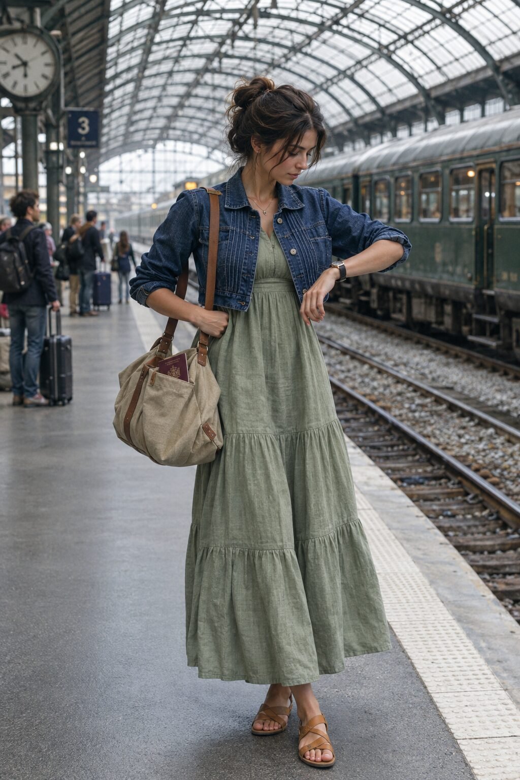 linen dress outfit for travel: sage green linen maxi dress layered under a cropped denim jacket