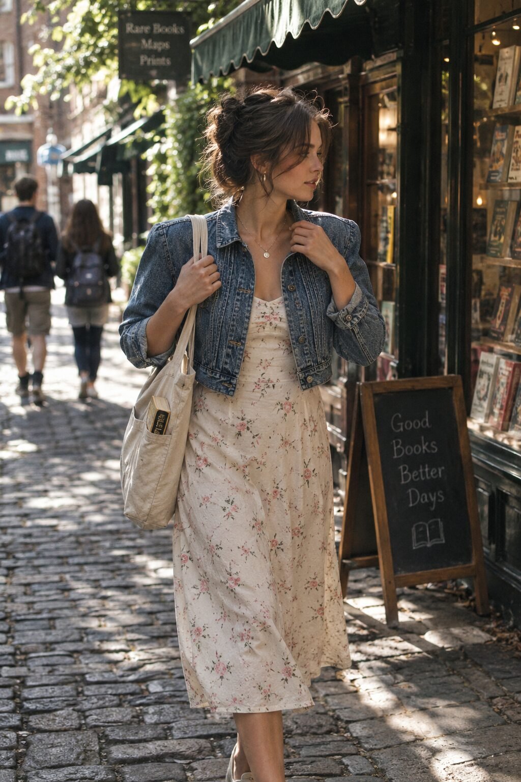woman wearing a cropped mid-wash denim jacket over a cream floral embroidered dress, casual fall outfit with summer dress