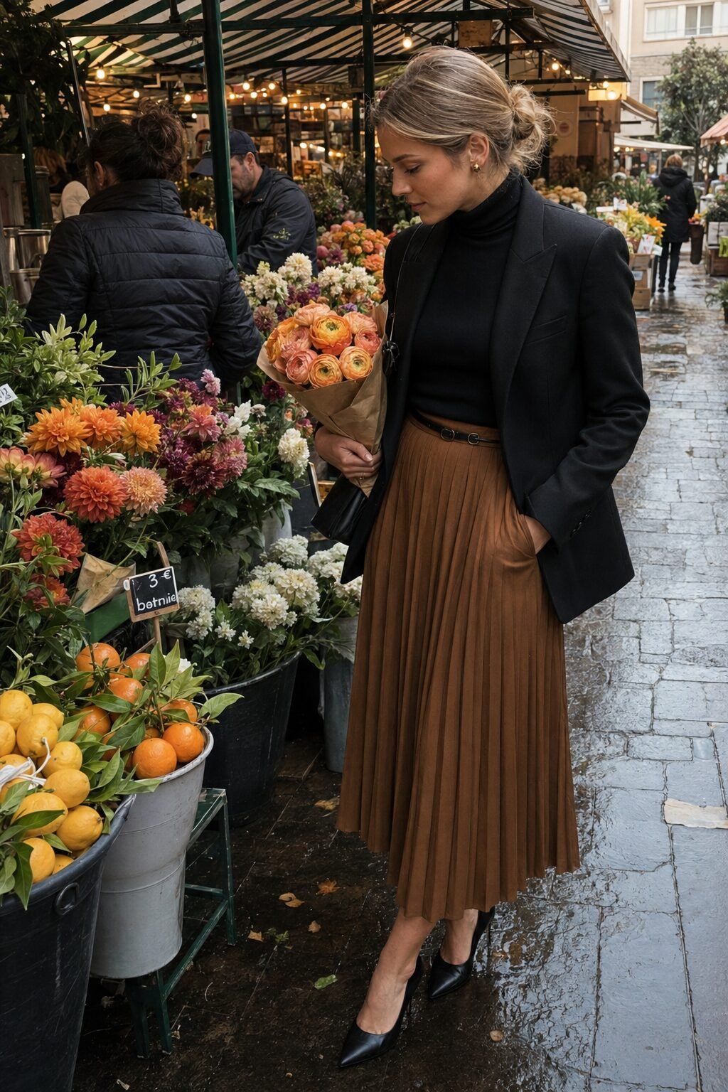 how to style a black blazer with a caramel midi skirt for fall weekend brunch