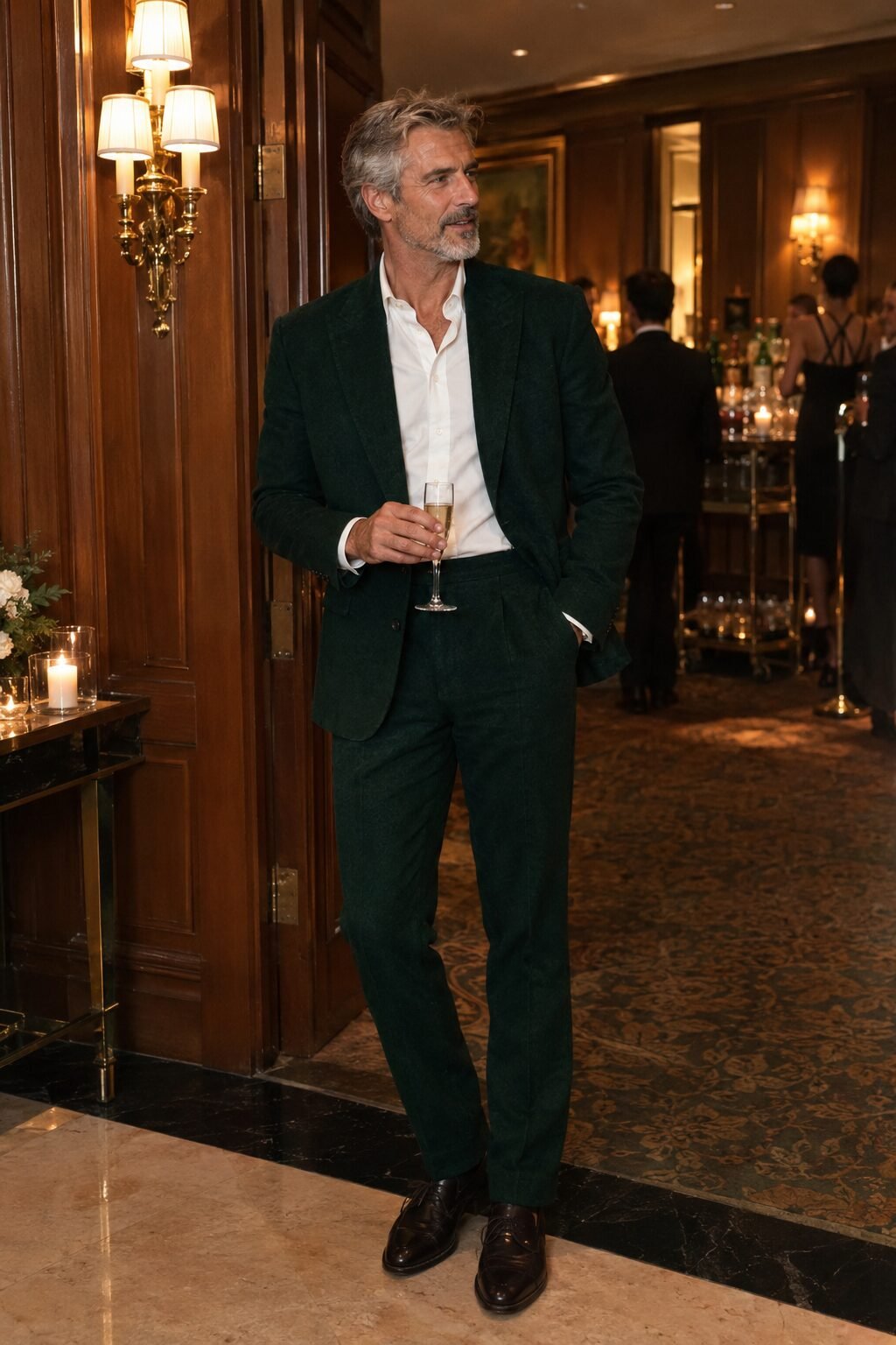 wedding guest attire for men over 50: emerald flannel suit with white oxford shirt for a black-tie-optional reception
