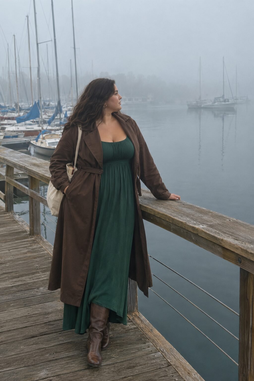 plus size fall outfit idea: emerald green empire-waist sweater dress with chocolate brown knee-high boots