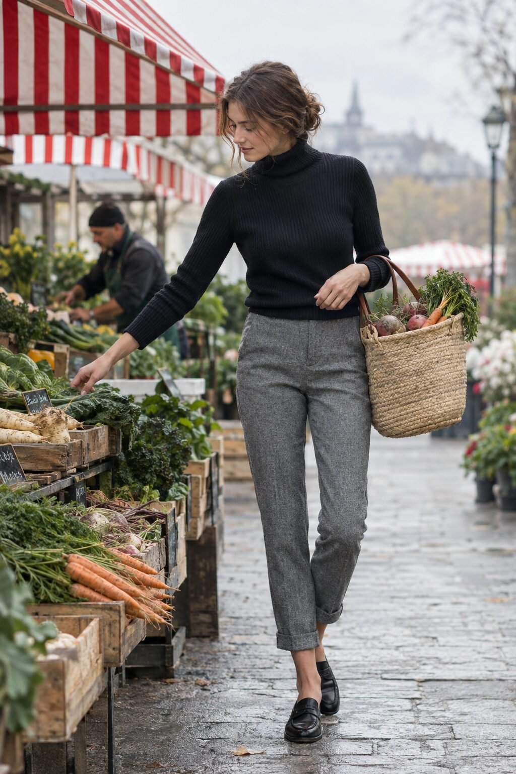 carolyn bessette style weekend outfit: black cashmere turtleneck, grey wool trousers, and black penny loafers