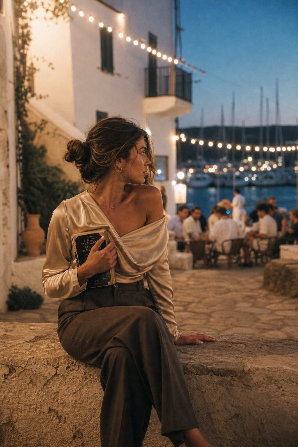 elegant halloween cocktail party outfit: champagne silk off-shoulder top with dark brown wide-leg trousers