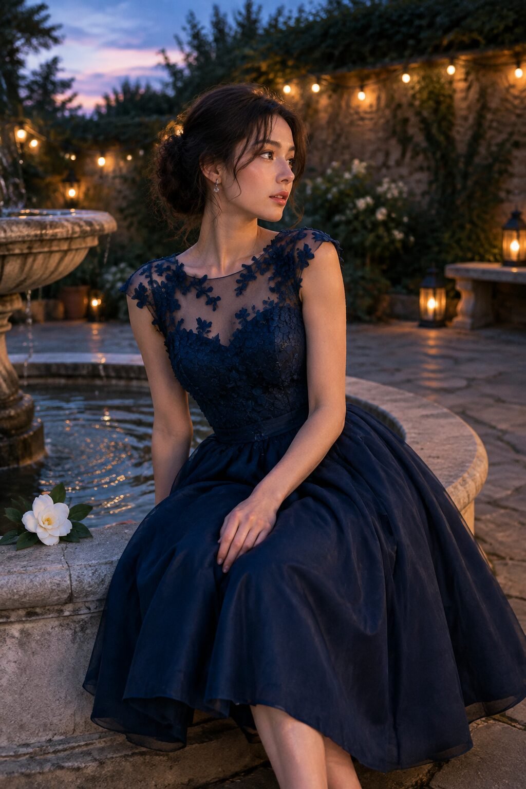 old hollywood prom dress: navy floral embroidered fit-and-flare tea-length dress