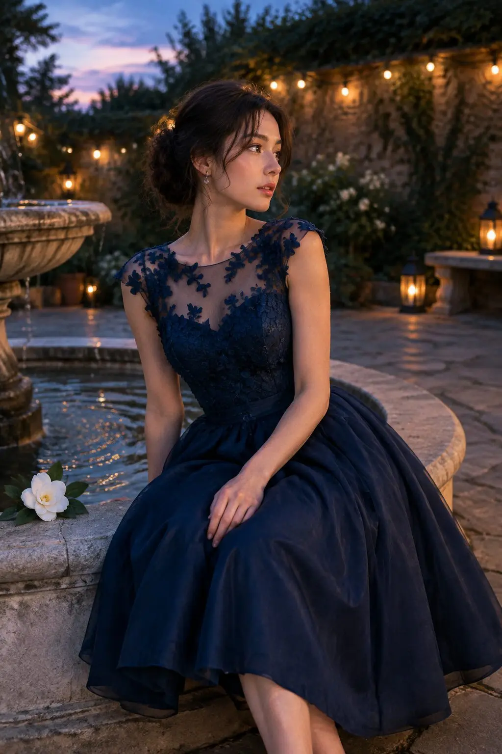 old hollywood prom dress: navy floral embroidered fit-and-flare tea-length dress