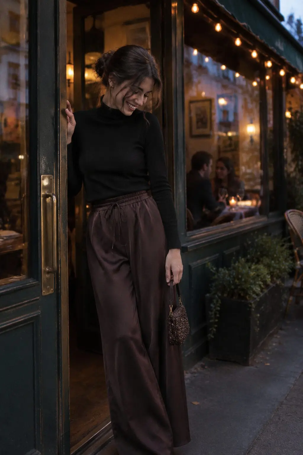 a woman in a black cashmere turtleneck and chocolate brown silk wide-leg trouser outfit