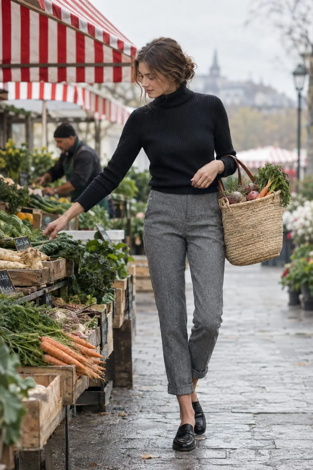 carolyn bessette style weekend outfit: black cashmere turtleneck, grey wool trousers, and black penny loafers