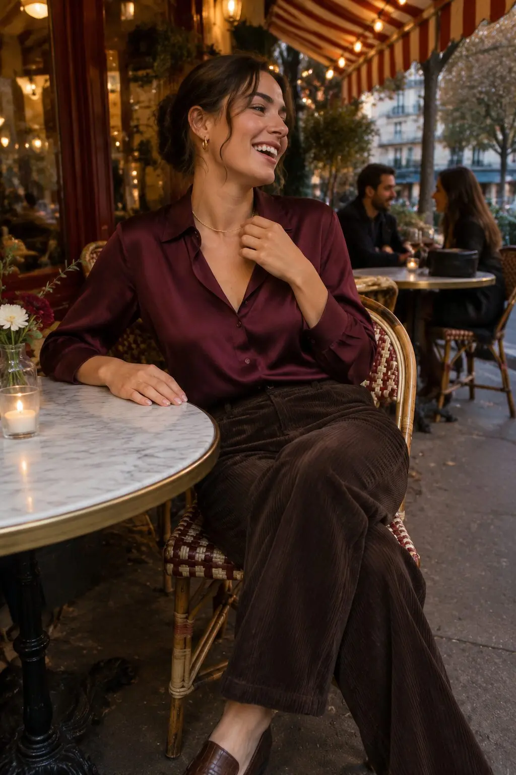 burgundy silk blouse tucked into chocolate brown corduroy trousers with penny loafers, date night capsule outfit