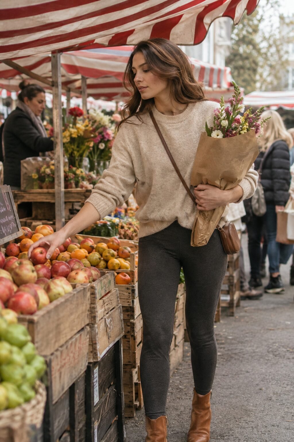 woman styling ponte leggings with an oatmeal cashmere sweater for a cozy weekend outfit
