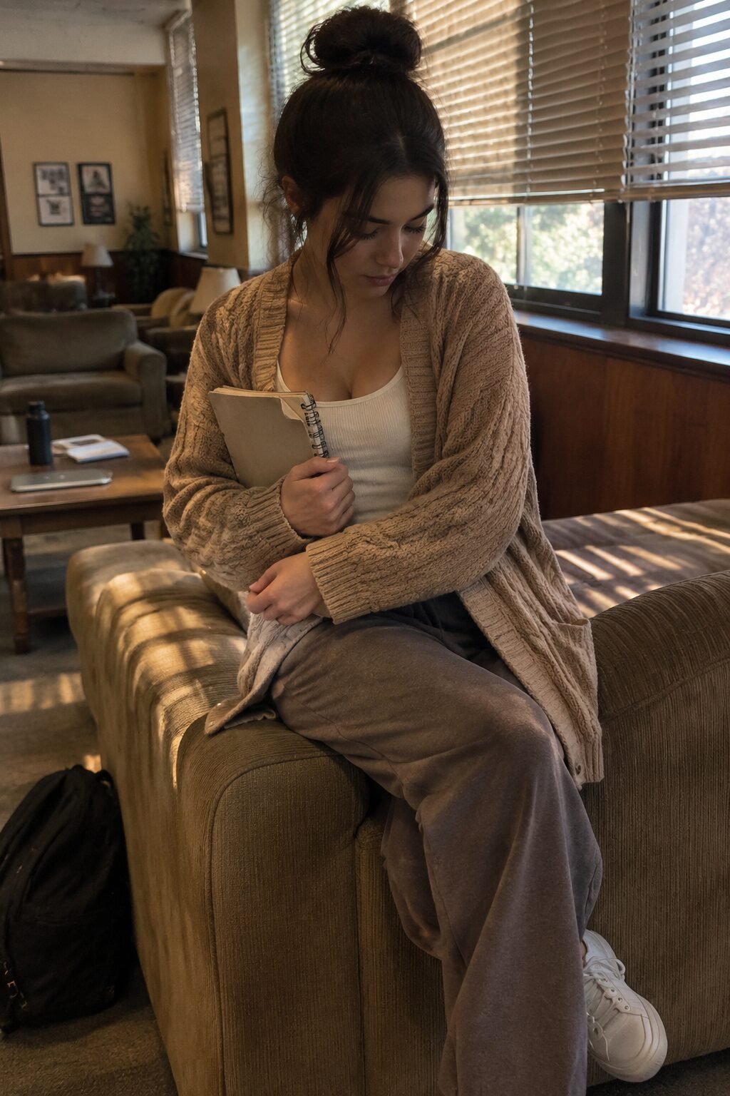 cozy college outfit: camel oversized cable cardigan over a cream tank and taupe fleece joggers