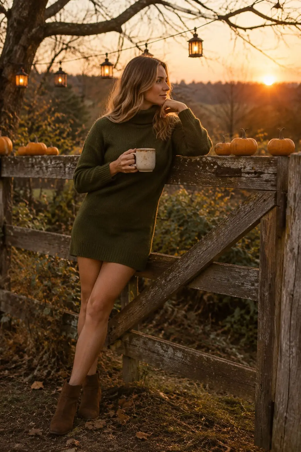 garden witch Halloween outfit: moss green cashmere turtleneck sweater dress with brown suede ankle booties