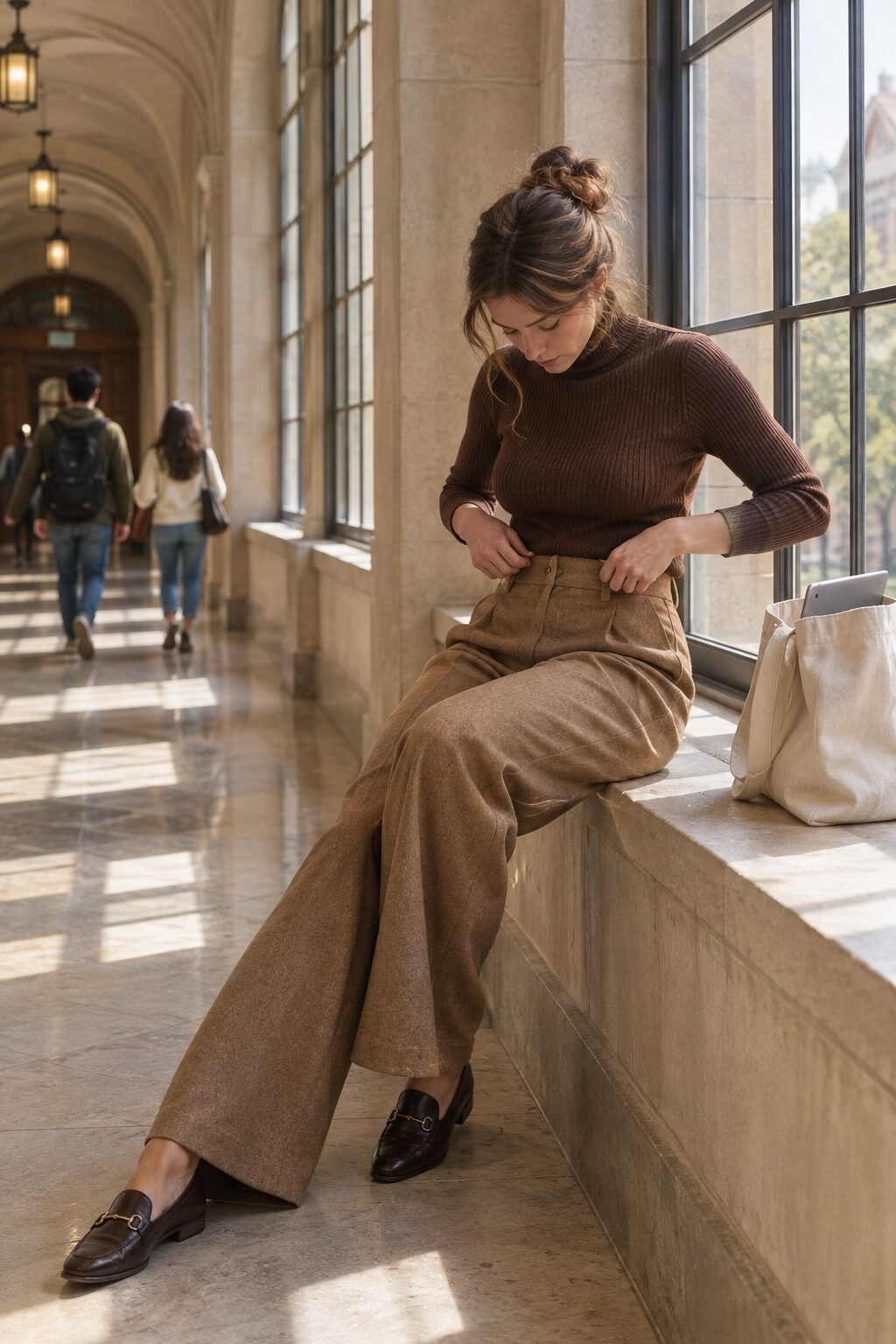 fall college outfit for a presentation: chocolate brown cashmere turtleneck with camel tailored trousers