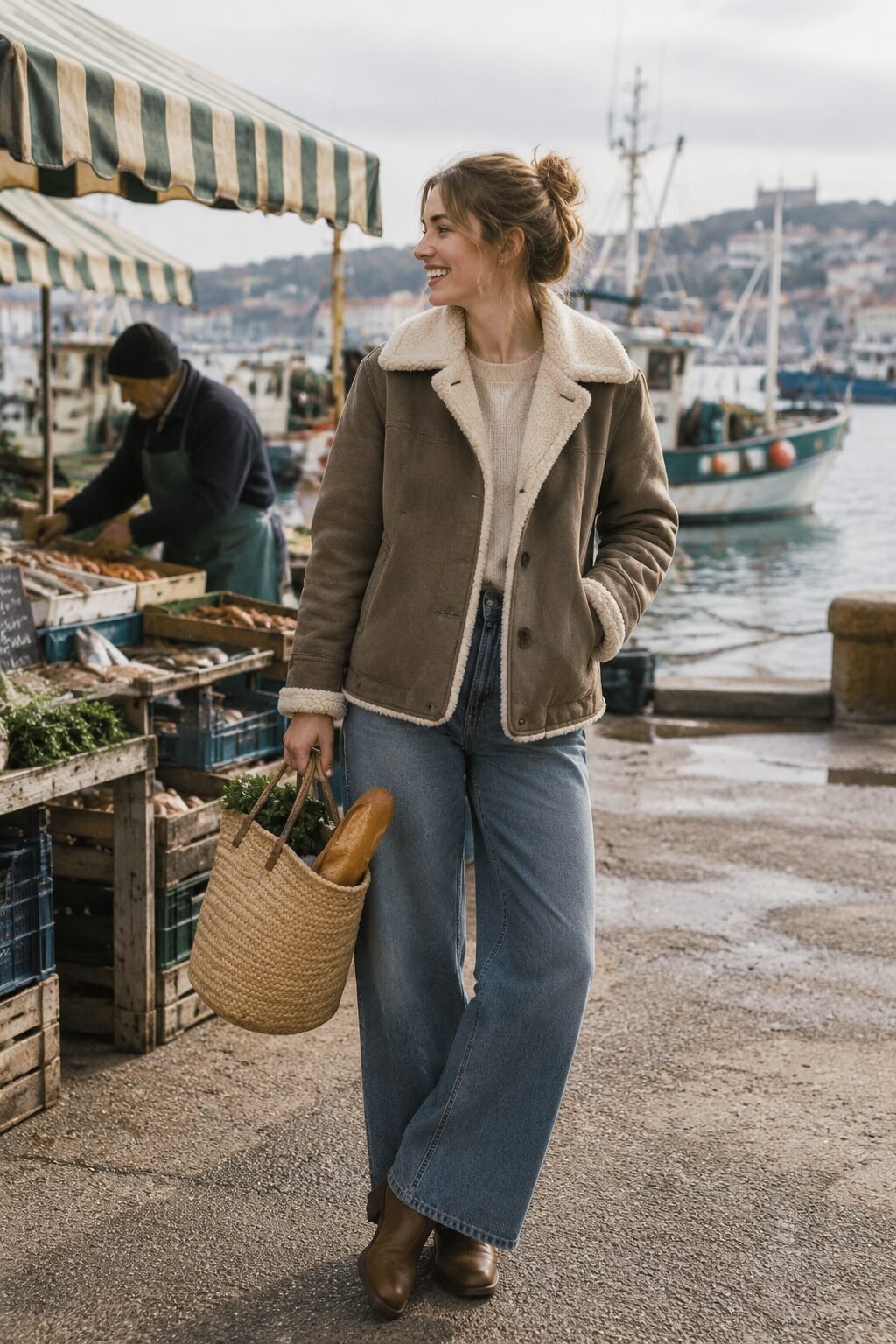 shearling-collar khaki wool coat over wide-leg denim and chelsea boots, an affordable winter weekend outfit that looks expensive