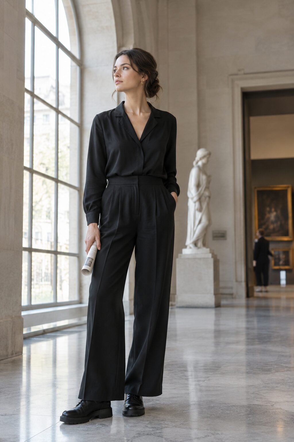 old money winter outfit: black silk blouse, wide-leg trousers, and leather boots for a european museum day