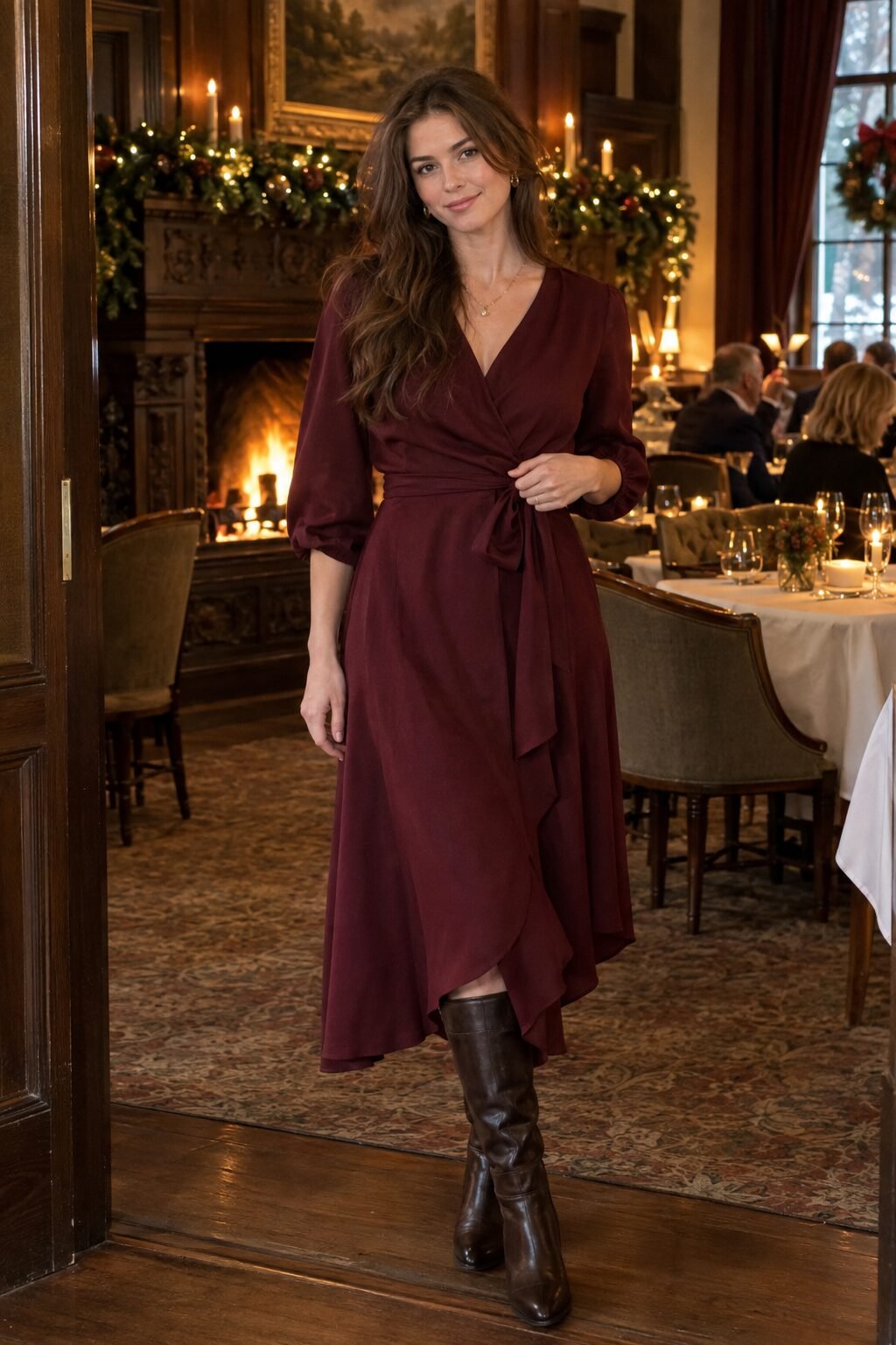 holiday luncheon winter country club outfit: burgundy wrap midi dress with dark brown knee-high boots