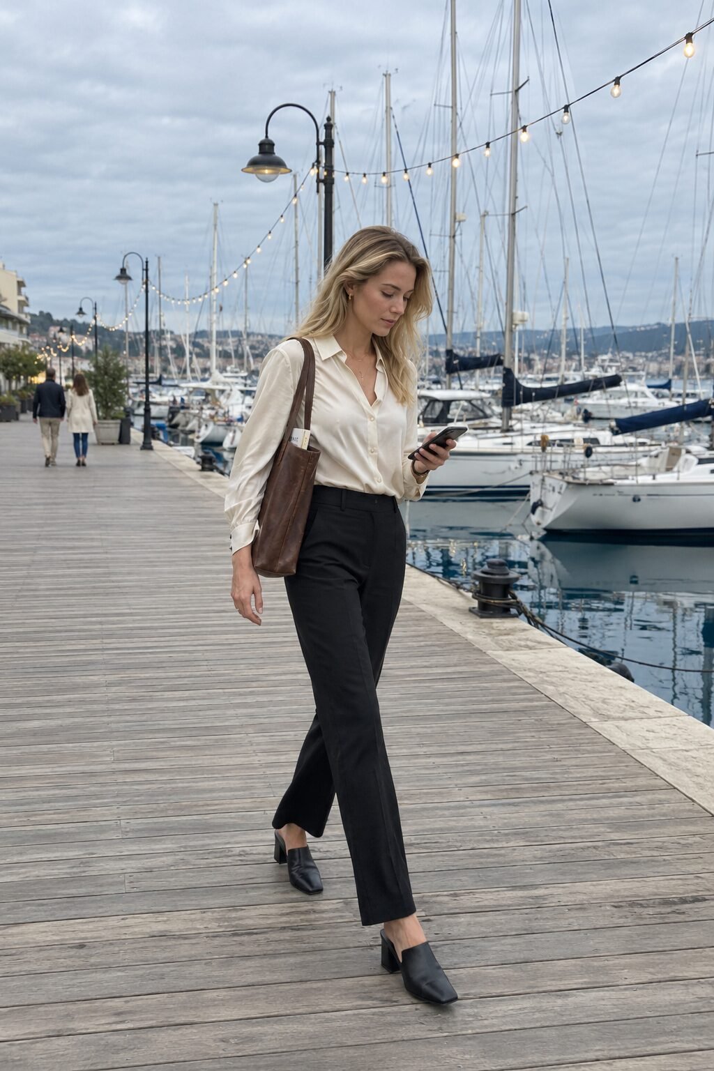 work holiday party outfit: ivory silk blouse tucked into black tailored trousers with pumps