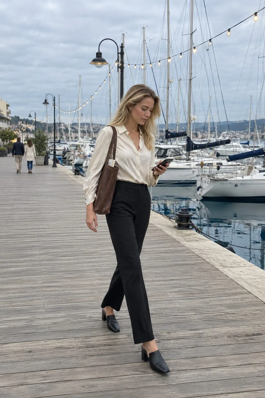 work holiday party outfit: ivory silk blouse tucked into black tailored trousers with pumps