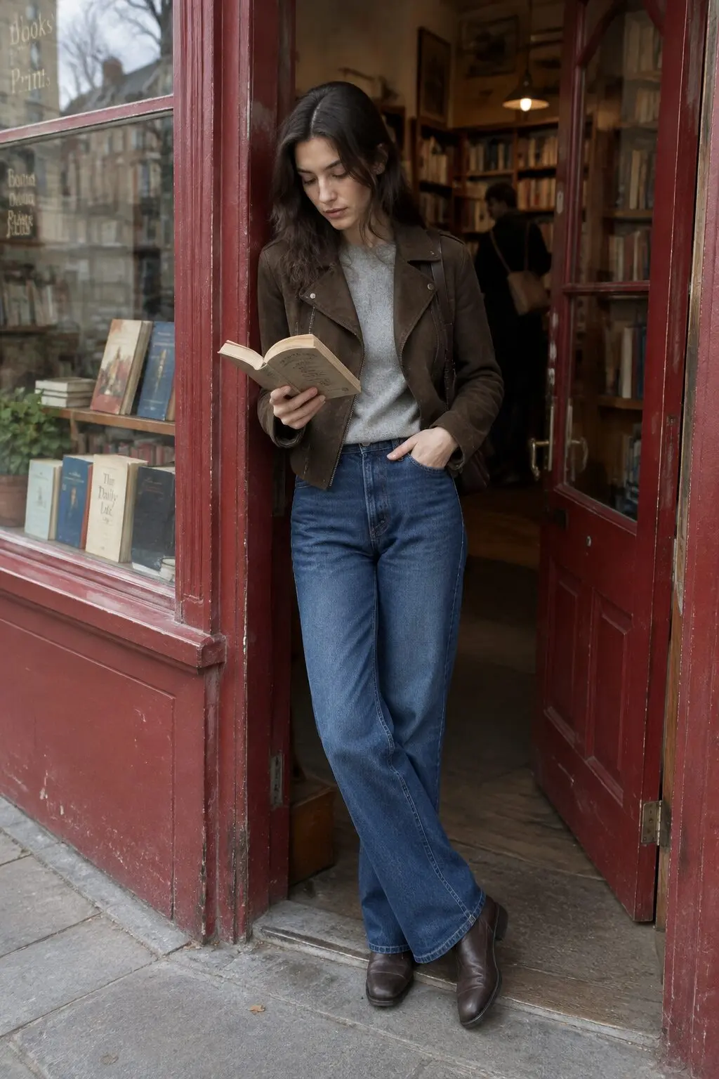 old money winter jacket outfit: cropped chocolate suede jacket over a tucked cashmere sweater and straight-leg denim