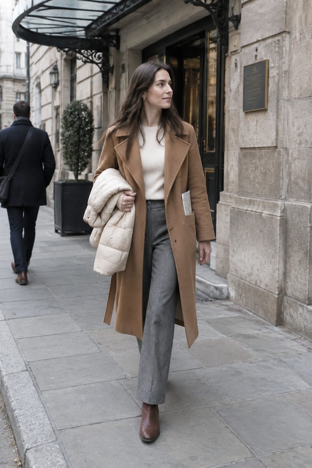 woman wearing a caramel wool coat over a packable puffer jacket for winter travel