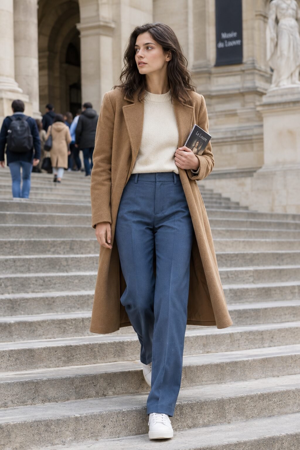 woman wearing blue wool tailored trousers and a wool coat on a Paris street