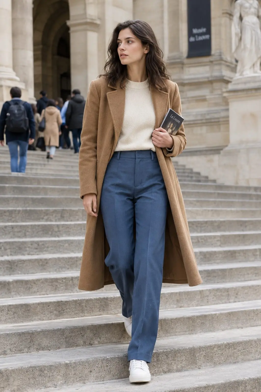 woman wearing blue wool tailored trousers and a wool coat on a Paris street