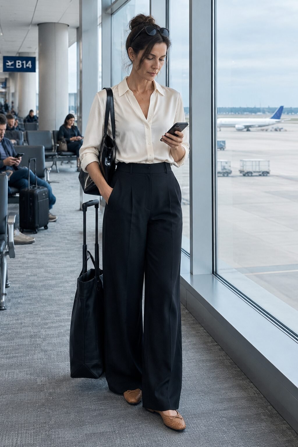 travel day outfit for mother of the bride: off-white silk blouse with black wide-leg trousers and brown woven flats