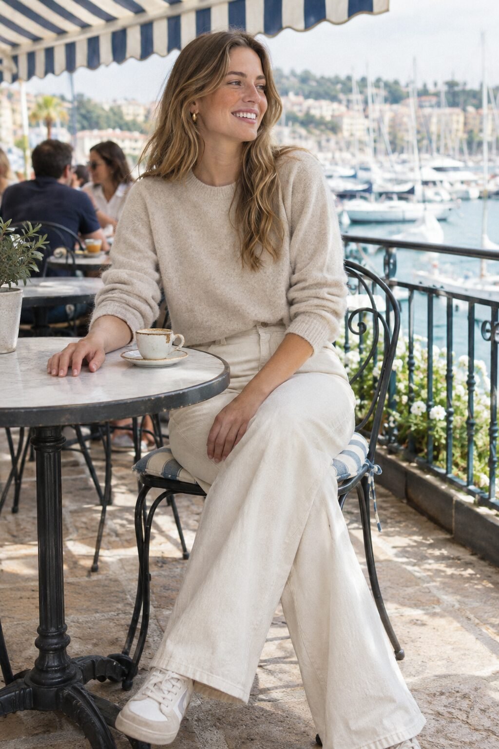 how to style a cashmere sweater with wide-leg jeans: oatmeal cashmere crewneck half-tucked into pale ecru wide-leg jeans